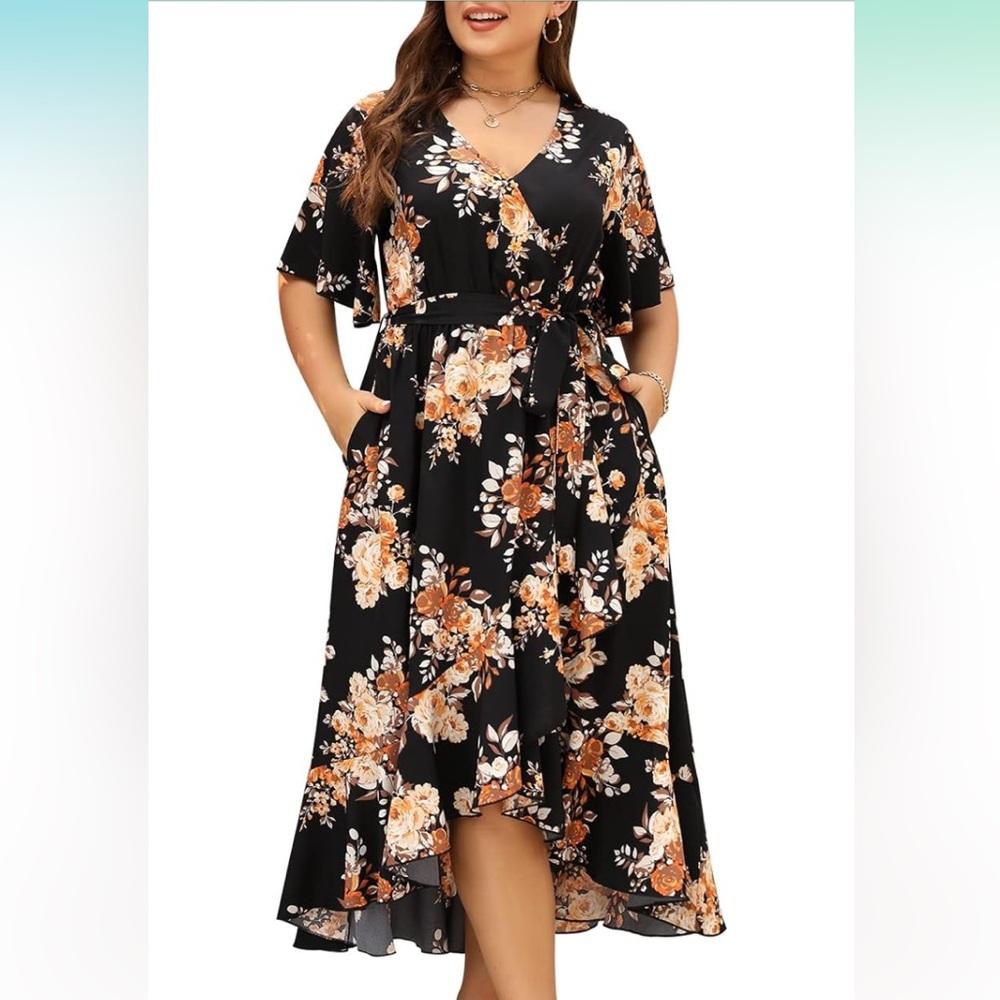 Boho Floral Maxi Wrap Dress Empire Waist with Pocket
